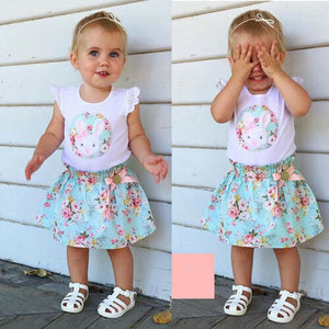 2pc Baby and Toddlers Sleeveless Rabbit Blouse and Floral Skirt