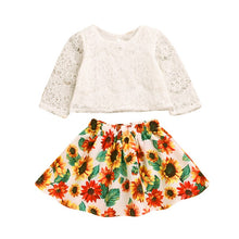 Load image into Gallery viewer, Baby and Toddlers Long Sleeve Lace Blouse and Sunflower Print Skirt
